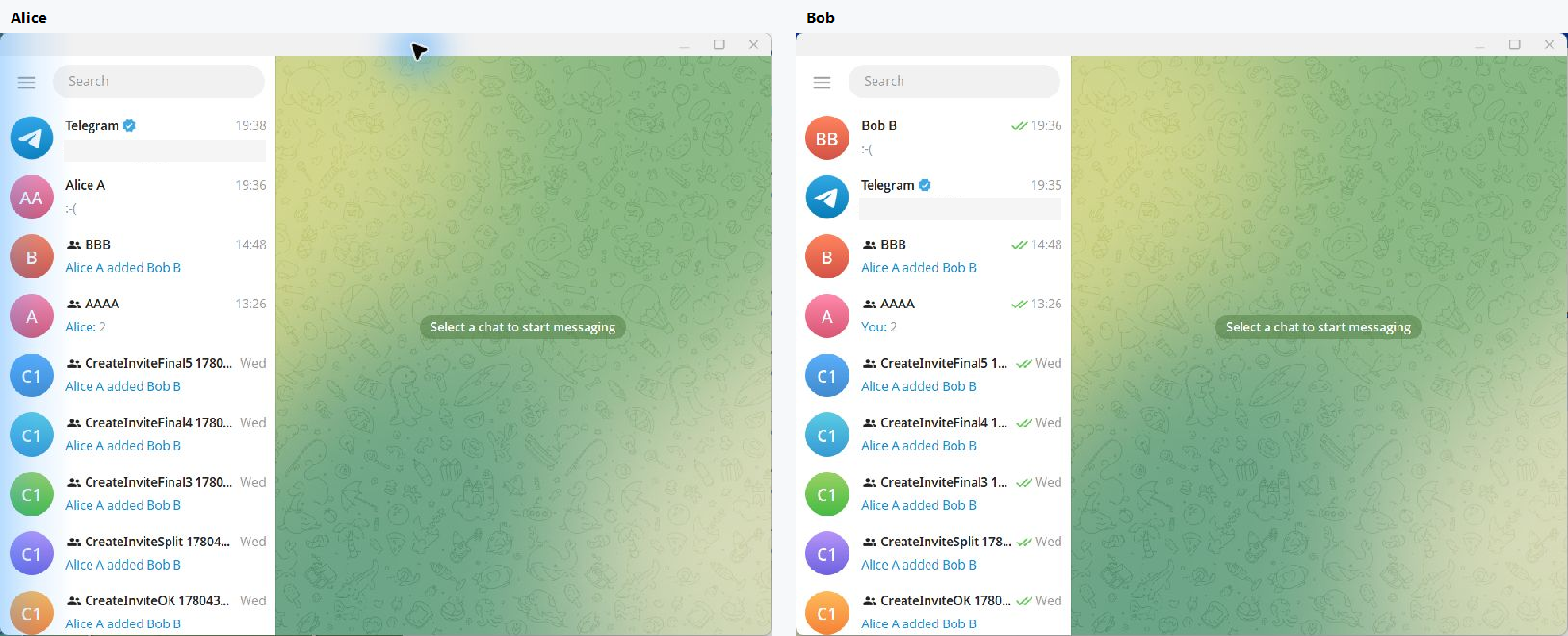 Telegram Desktop Alice/Bob connected to gramsrv