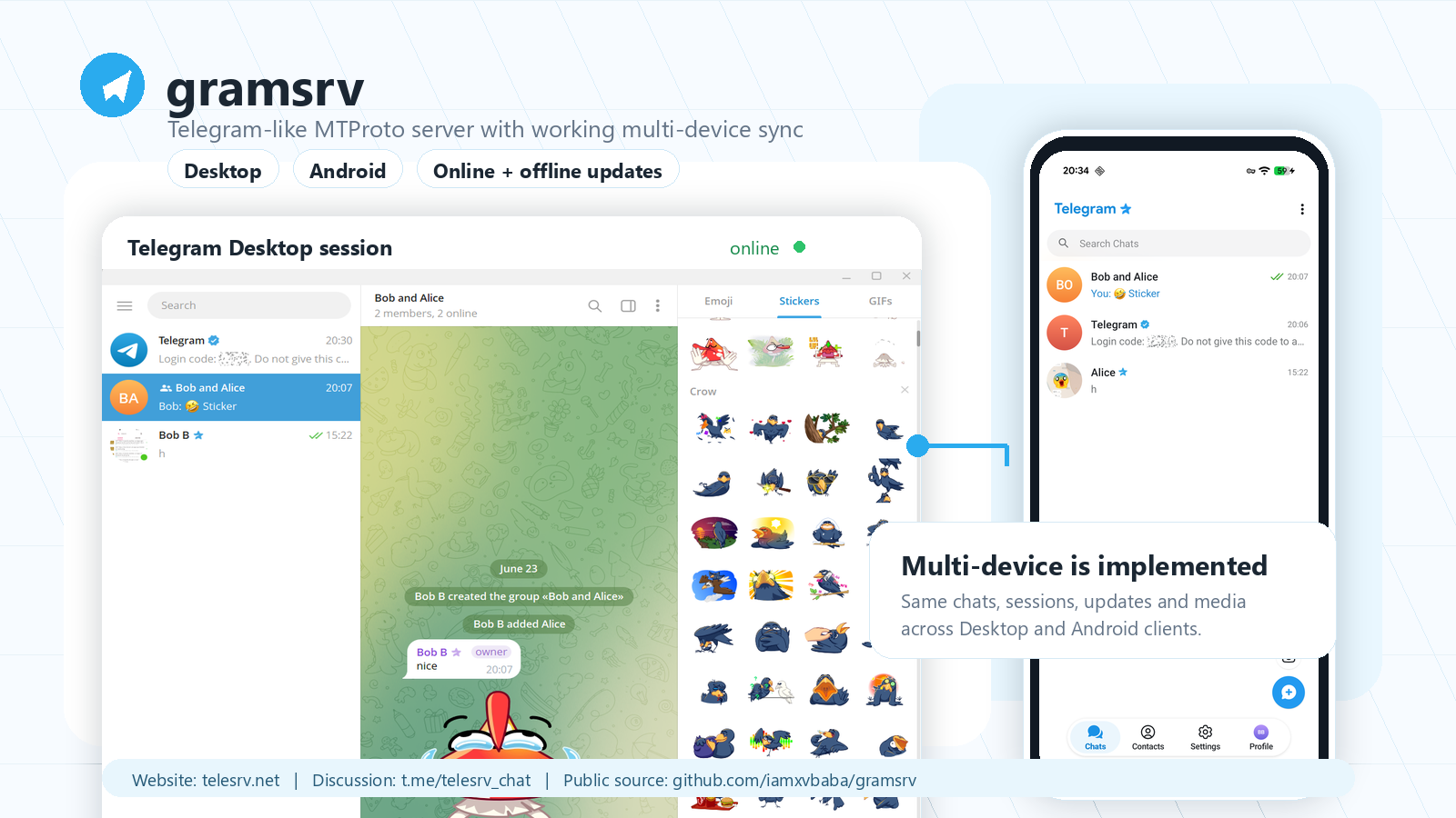 gramsrv multi-device Desktop and Android preview
